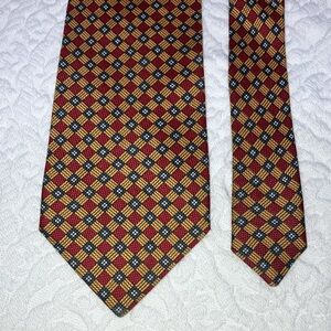 Dormeuil woven silk tie, hand made in Italy, foulard print, red, gold, blue
